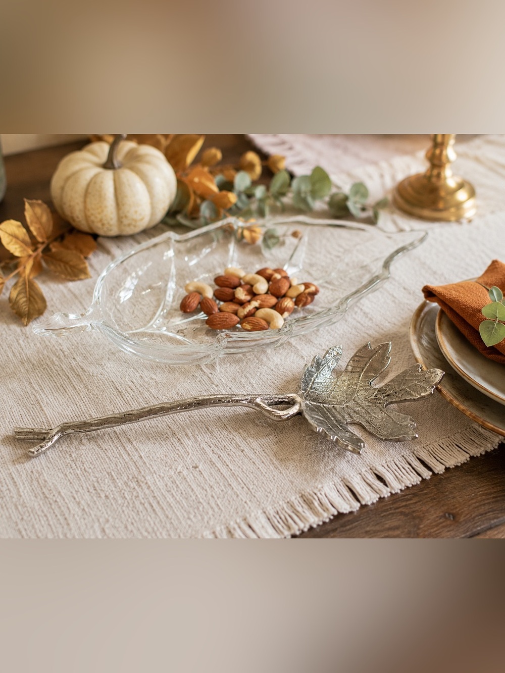 Glass Leaf Serving Dish & Silver Branch Server Fall Thanksgiving Decor